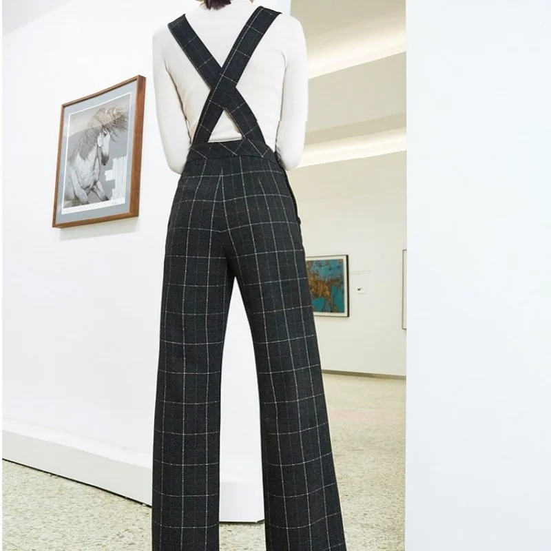 New Winter Women Plaid High Waist Jumpsuit Thick Vintage Elegant Wide Leg Trousers Fashion Slim Fit Plaid Ladies Overalls