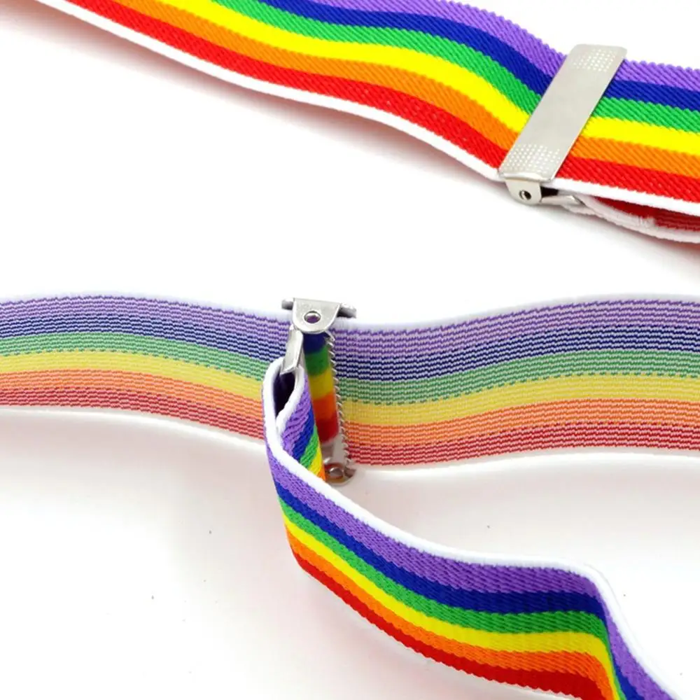 Men Wide Adjustable Straps Y-Back Suspenders Rainbow Colorful Vertical Striped Elastic Belt with Strong Metal Clips