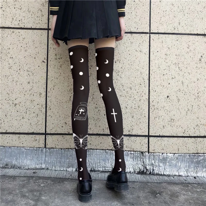 Senhoras preto sobre o joelho alto tubo meias japonesas lolita cosplay borboleta aranha bonito feminino estudante de seda meias longas