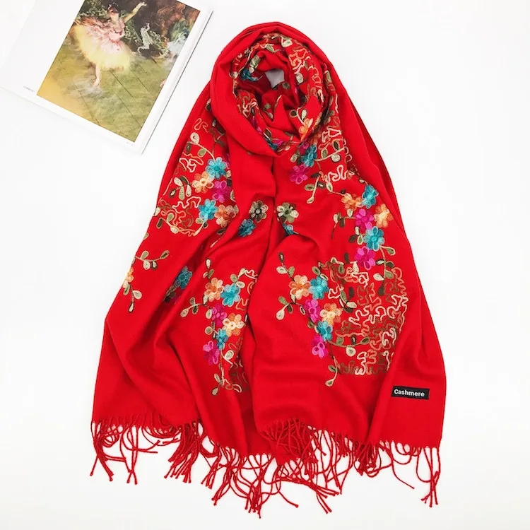 

Luxury ThickWinter Scarf Women Warm Cashmere Plum embroidery flower Tassel Shawl Wrap Blanket Hijab Scarf Wholesale Pashmina