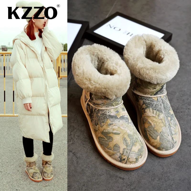 KZZO New Sheepskin Mid-calf Winter Boots for Women Australia Classic Natural Sheep Fur Wool Lined Snow Boots Warm Shoes Non-slip