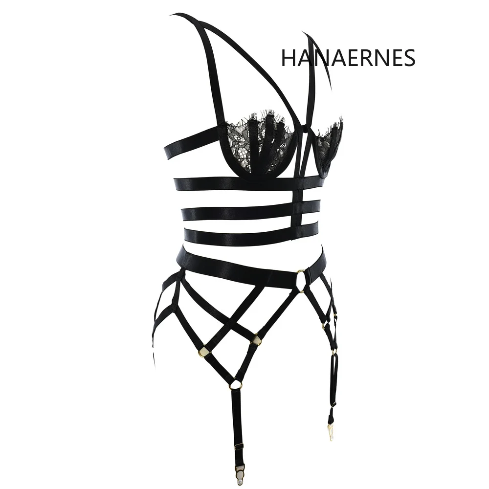 HANAERNES Harajuku Gotico nero sexy del merletto aperto gabbia toracica reggiseno crop top bondage donna locale notturno sexy bretelle biancheria intima