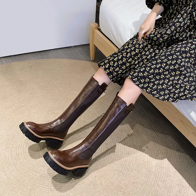 MORAZORA Size 34-42 Cow Leather Real Wool Women Boots Thick Bottom Knee High Boots Zipper Warm Winter Boots Ladies Chelsea Botas