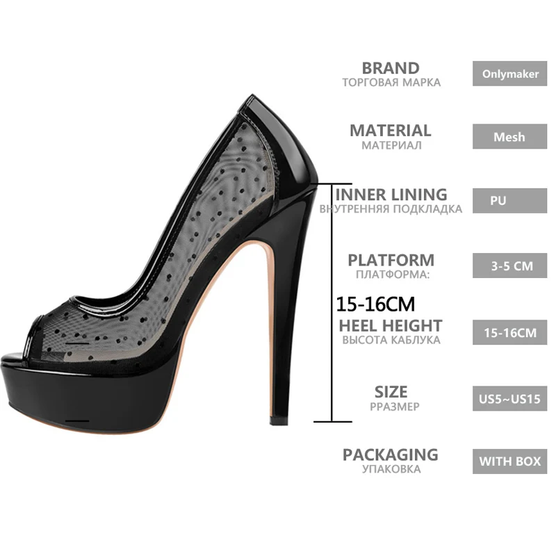 Onlymaker Women Black Platform Peep Toe Mesh Spike Slip On Pumps Thin High Heels Party Dress Sexy Big Size Pumps