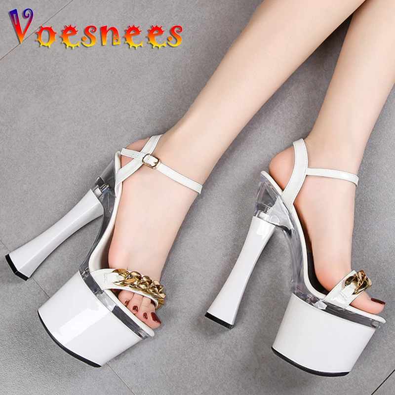 Metal Decoration Buckle Strap Women Shoes New Chunky Heel Sandals Summer Platform High Heels Nightclub Party Pole Dance Shoes