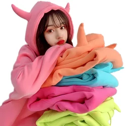 2024 Spring Devil Horn Hooded Sweatshirt Women Velvet Warm Loose Harajuku Hoodies Best Friends Matching Cute Pullover Tops