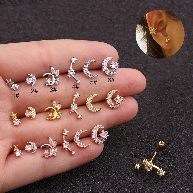 1 PCS Trendy Small Micro Pave CZ Moon Stars Ear Stud Cuff Earrings Cute Gold Color Earring Stainless Steel Bar Ball Ear Jewelry