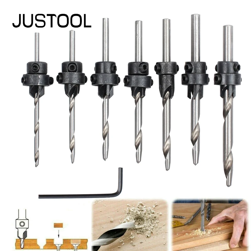 

JUSTOOL 7pcs Professional Countersink Drill Bit Set Tapered Drill Wood Screw Drills Stop Collar Woodworking Countersinks Drills