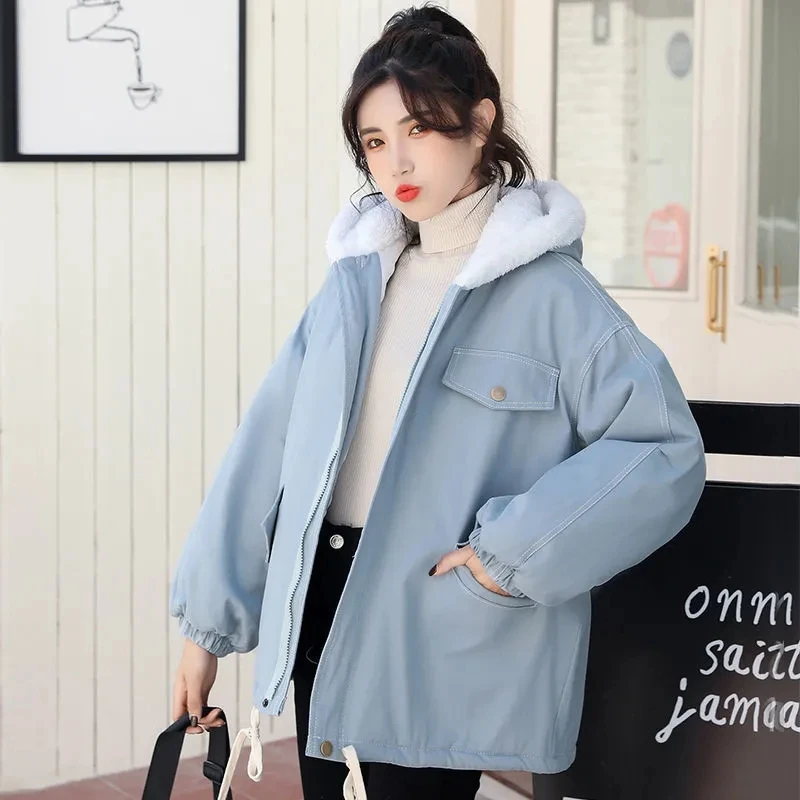 

Plush Padded Coat Women Winter Parkas Nice Winter Pop Loose Harajuku Lamb Wool Coat Solid Warm Thicken Cotton Coat Hooded Parka