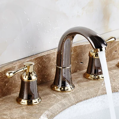 Bathroom gold lavatory Widespread Faucet hot and cold Three Holes sink mixer 8 Inch Sink Faucet Gold Chrome