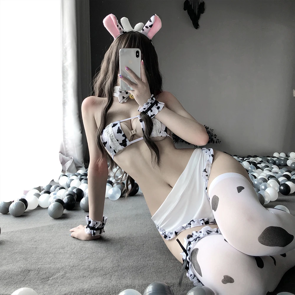 Cos krowa kostium pokojówka sukienka Cosplay Tankini Bikini strój kąpielowy Anime dziewczyny stroje kąpielowe odzież Lolita biustonosz i rajstopy zestaw pończochy