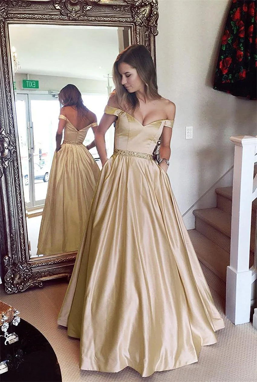 2020 New arrival Sweetheart Off Shoulder Satin Long Evening Dresses Formal Evening Gowns Elegant Crystal Backless Party Dress