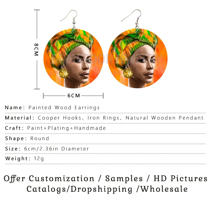 SOMESOOR kręcone włosy Headwrap dziewczyna drukowane afrykańskie drewniane spadek kolczyki Afro etniczne Artstic pętle wisząca biżuteria dla kobiet