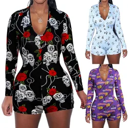 Seksowne kobiety V-neck Bodycon bielizna nocna przycisk krótki Romper home wear dres piżamy trykot kombinezon kombinezon z długim rękawem