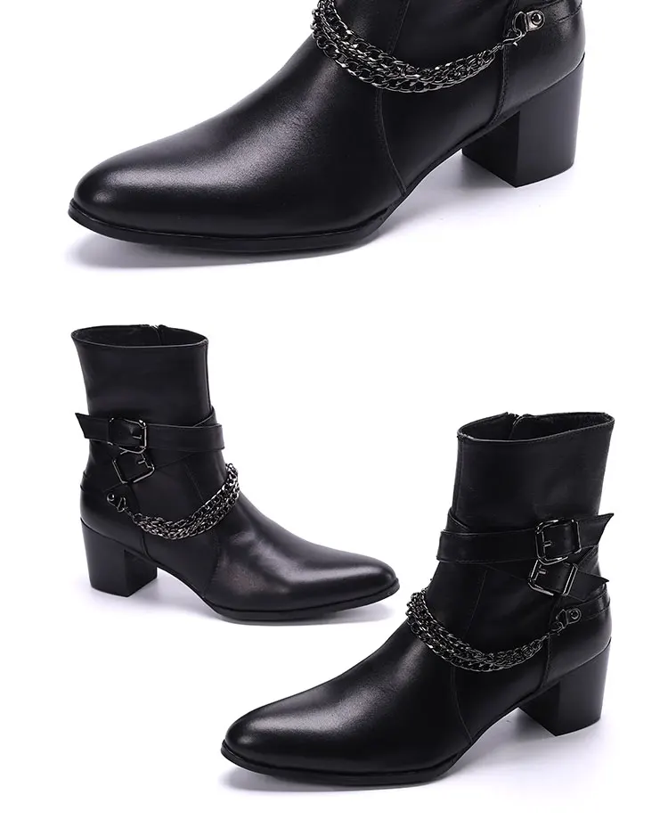 Herbst und Winter spitze High Heels Herren stiefel binden eine Kette Niet Gürtels chnalle dicken Absatz echtes Leder dicke Stöckels tiefel – Detail 2