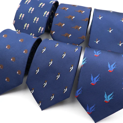 Corbata de microfibra 100% para hombre, tejido Jacquard, 8cm, patrón de animales de dibujos animados azules, uso diario informal, regalo de fiesta de boda