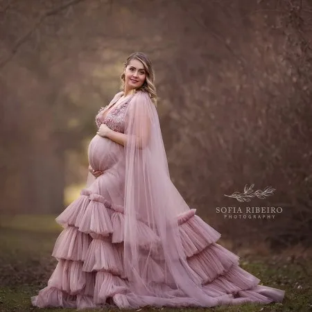 

Charming Pregnancy Photography Dresses With Tulle Cloak Big V Neck 3D Flower Lace Tiered Ruffles With Train Sexy Maternity Gown