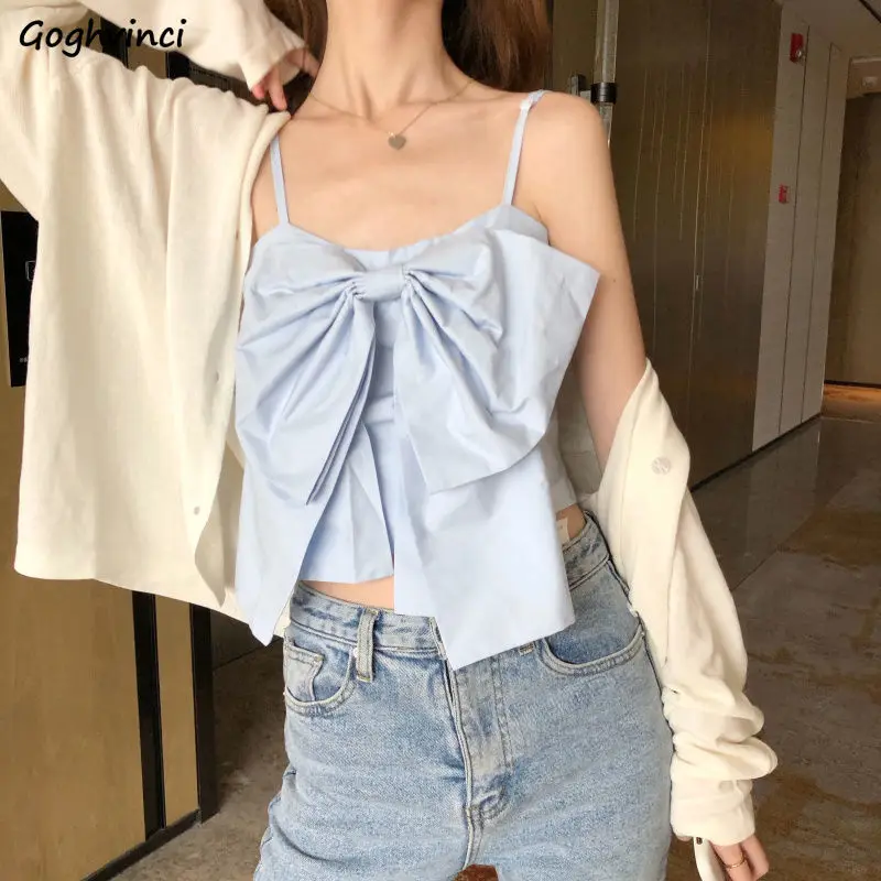 Camisoles Women Big Bow Leisure Solid Sweet Kawaii Girls Basic Night-club Slim Sleeveless Tees Chic Sexy Crop Tops Womens Trendy