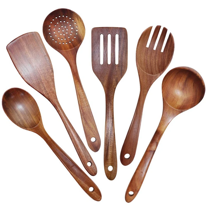 Wooden Utensils Set of 6 Large Kitchen Cooking Utensil for Non Stick Cookware Natural Teak Wood Spoons Spatula Ladle Colander