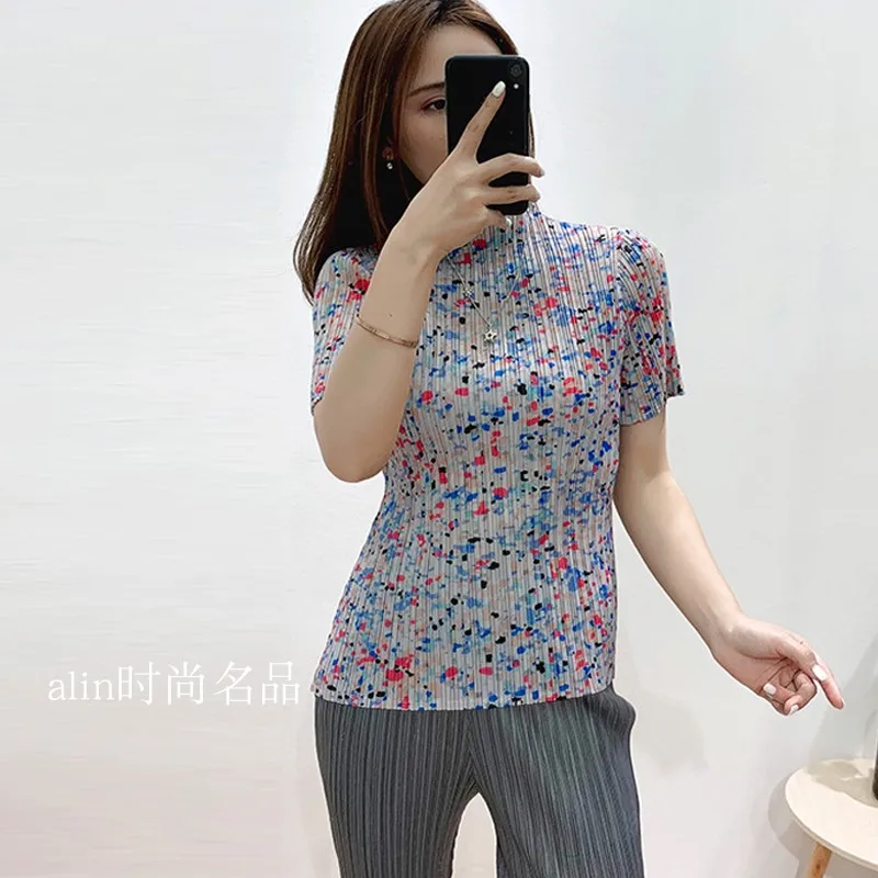 

miyake pleated printed casual top skinny women's T-shirt 2021 summer new fashion slimming bottoming basic shirt Tees