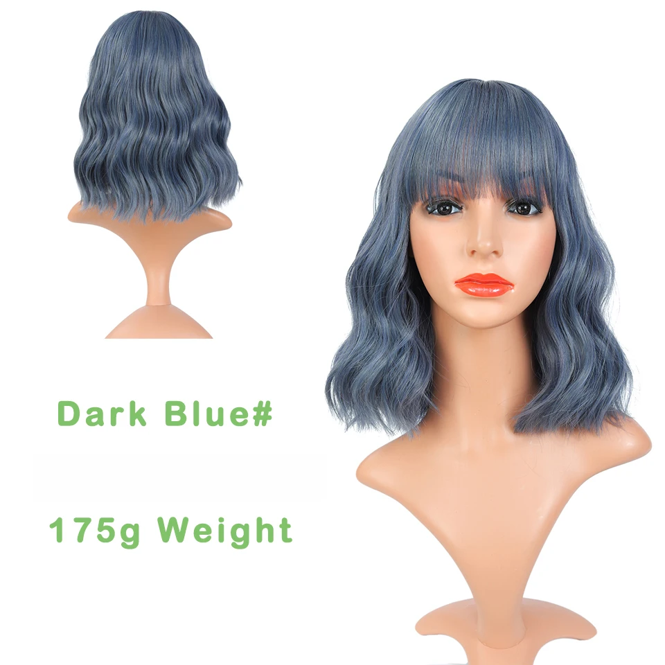 YiHan 14Inch Pure Green Pink Wig With Bangs Short Water Wave Synthetic Wig Shoulder Length Cosplay Hair Wig Heat Resistant Fiber