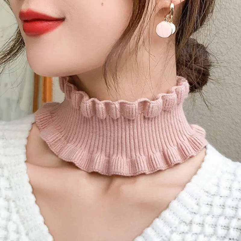 Korean Solid Color Elastic Wool Knit Fake Collar Pullover Lace Ruffle Headband Bracer Women Winter Neck Guard Warm Scarf Q37