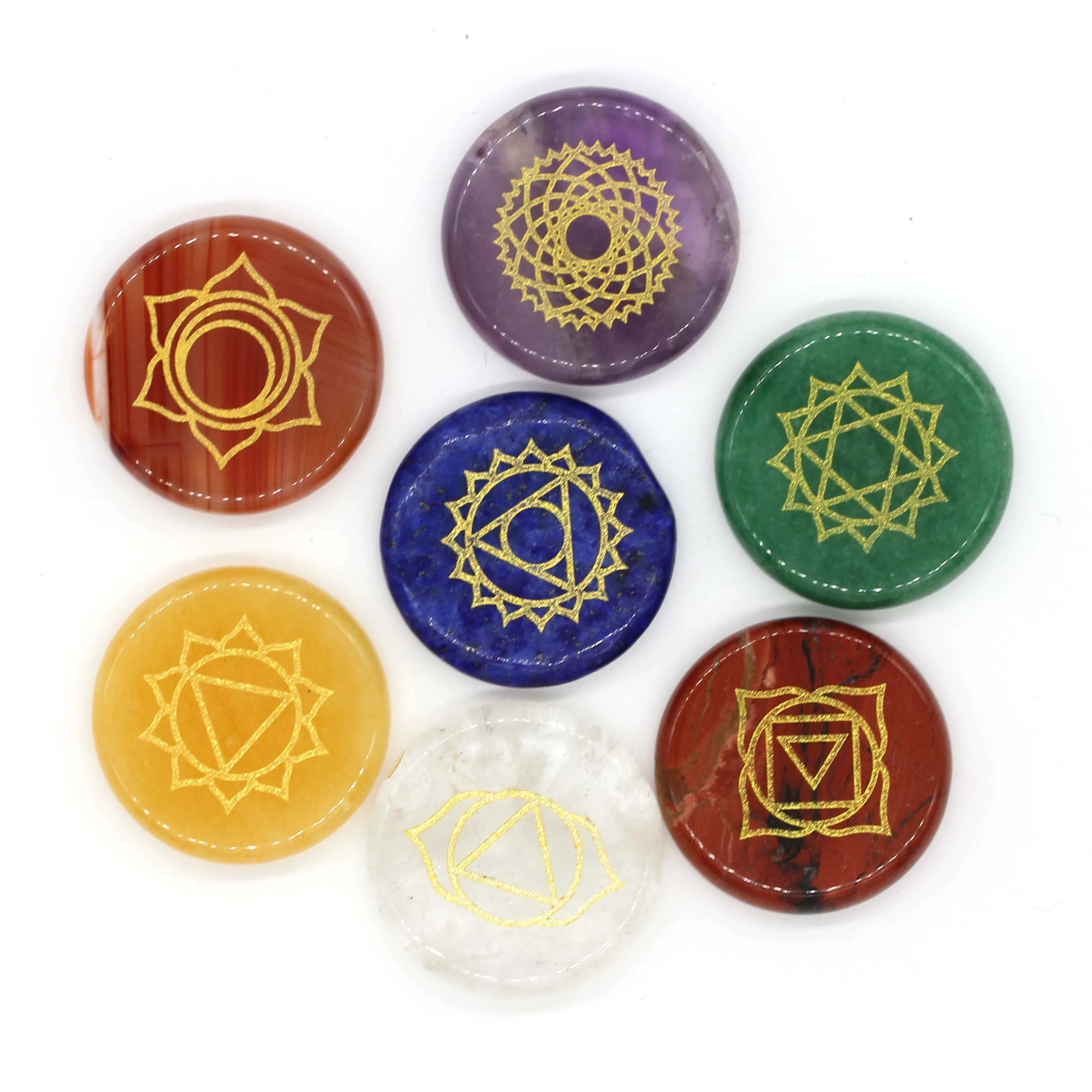 

KFT Natural Stone carved Chakra Pendant Round Shape Amethysts Lapis Crystal Quartz Choker Reiki 7 Chakra Stone Pendant No Hole