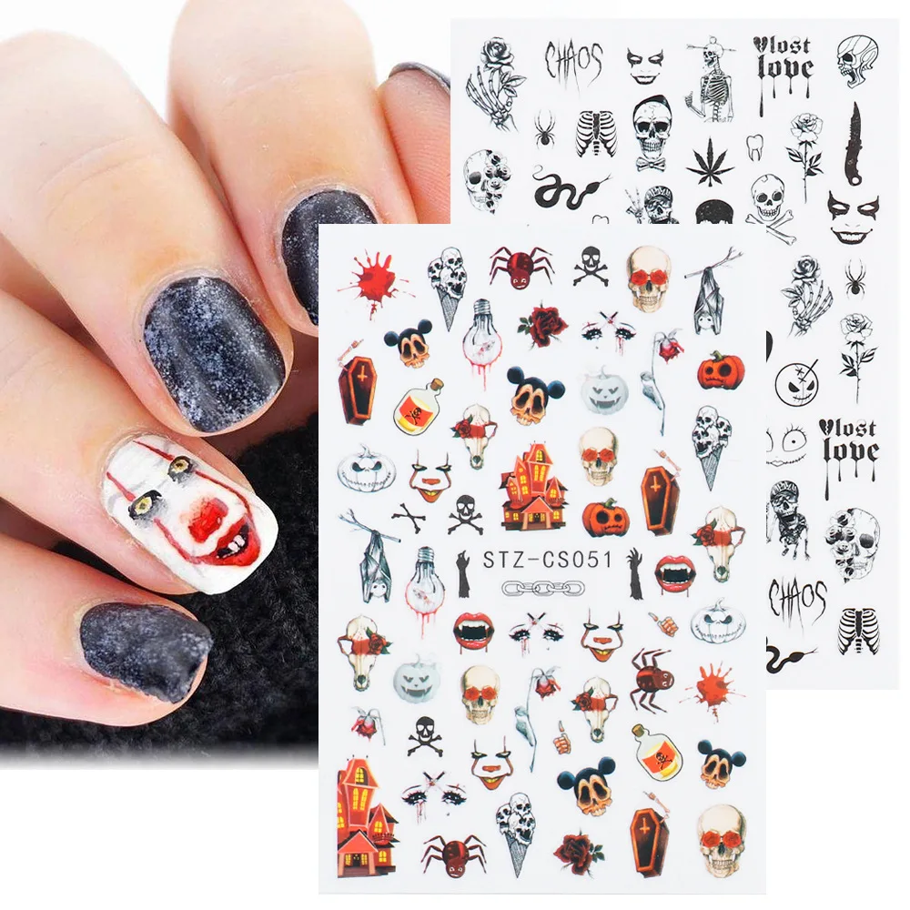 

10pcs/ Set 2021 New Nail Art Halloween Sticker Adhesive Color Pumpkin Zombie Skull Series with Golden Maple Leaf