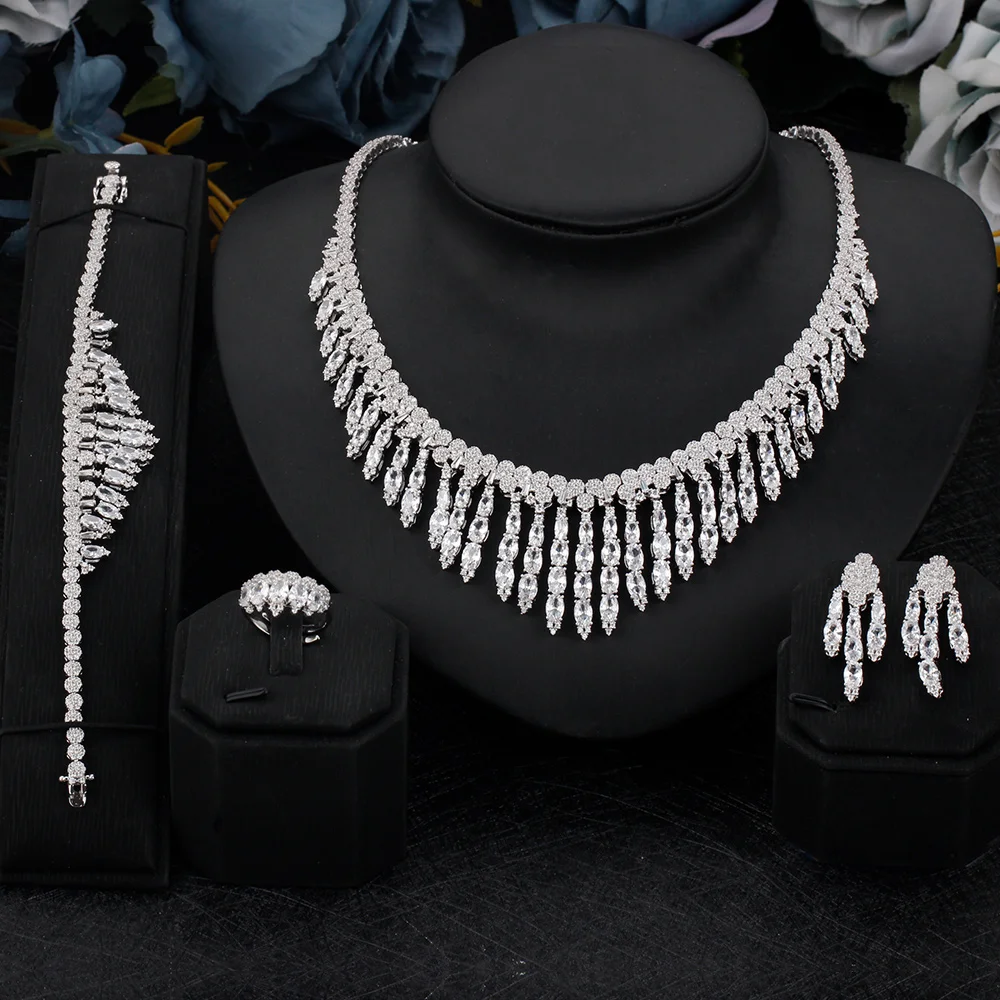 

4PCS Luxury Tassel Necklace Pendant Mixed Big Statement For Women Wedding Cubic Zircon CZ African Dubai Bridal Jewelry Sets