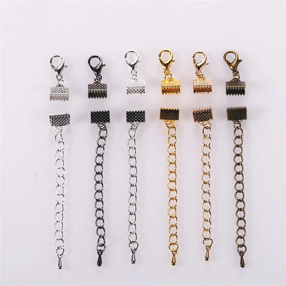 10 sets/lot Crimp End Caps Beads Lobster Clasps Extended Extension Chains Flat Leather Cord End Cap String Ribbon Clip Foldover