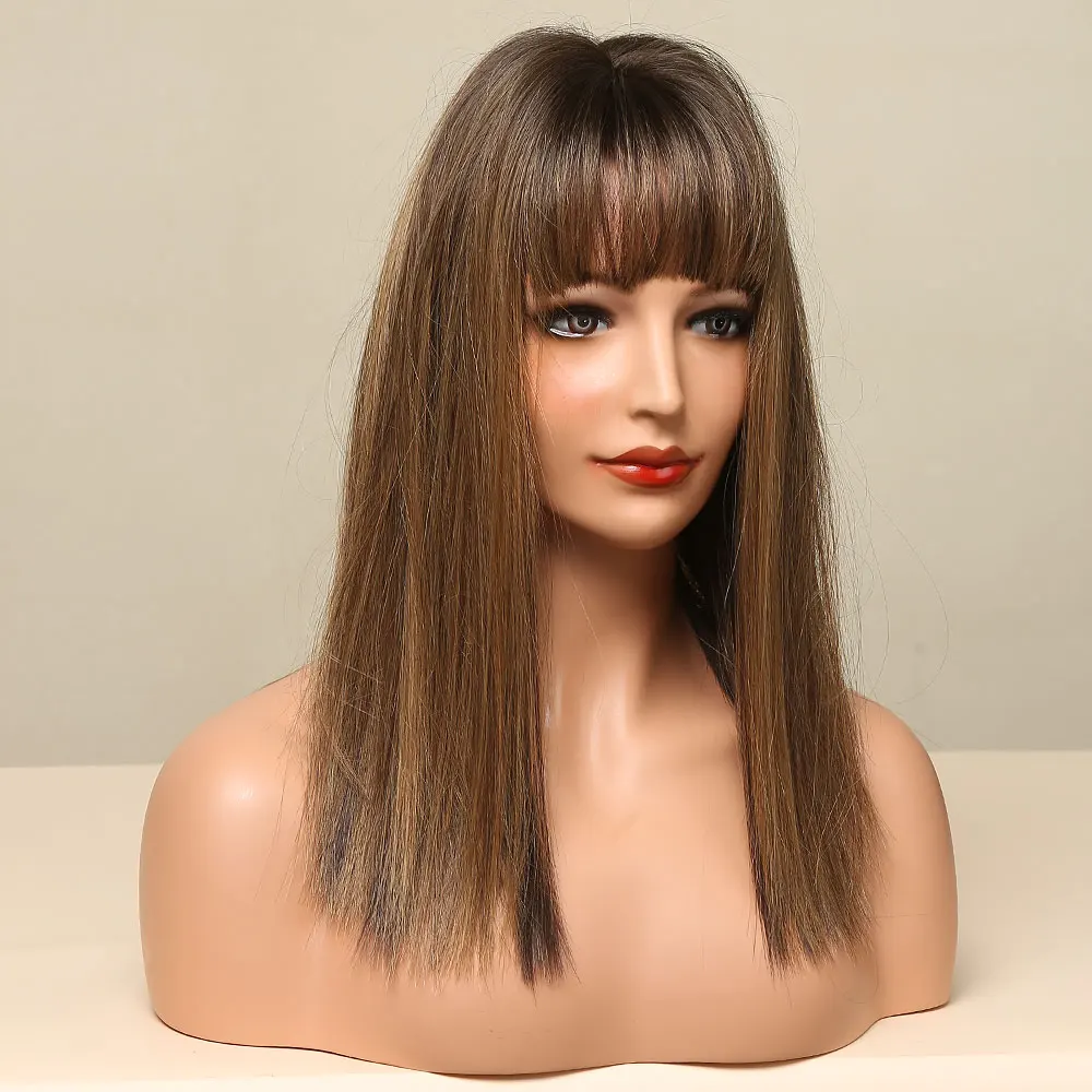 GEMMA Medium Straight Bob Synthetic Wigs with Bangs Ombre Black Dark Brown Honey Highlight Wigs for Women Heat Resistant Hair