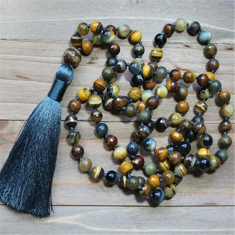 

8mm Natural Tiger's Eye 108 Beads Handmade Tassel Necklace Religious Mala Wrist Buddhism Unisex Yoga Chakra Buddhist Prayer Men