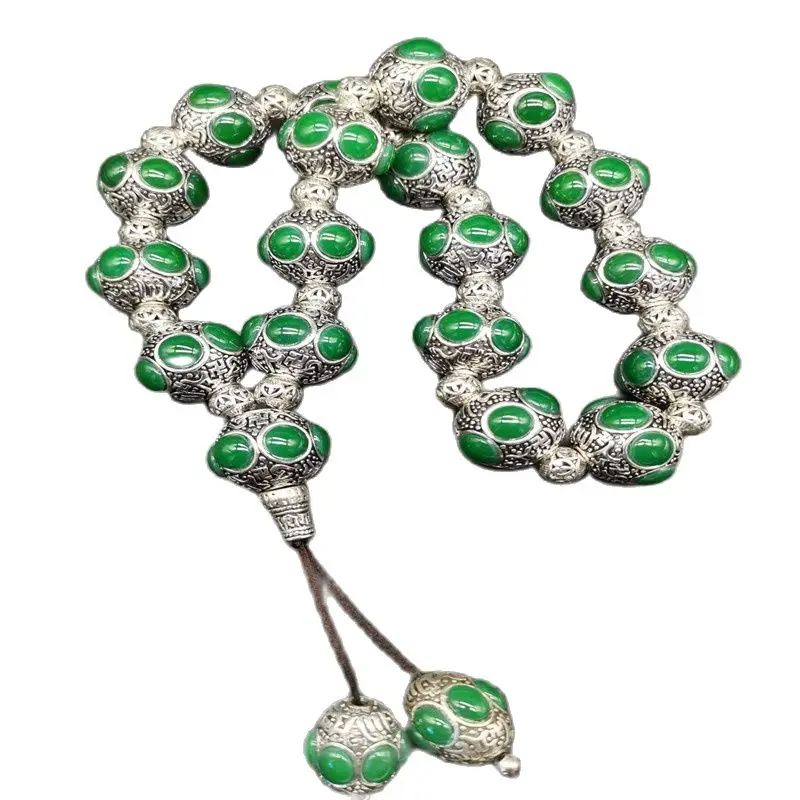 

China Old Tibetan Silver Inlaid Green Colour Jade Bead Hand String Bracelet Holding Rosary Beads