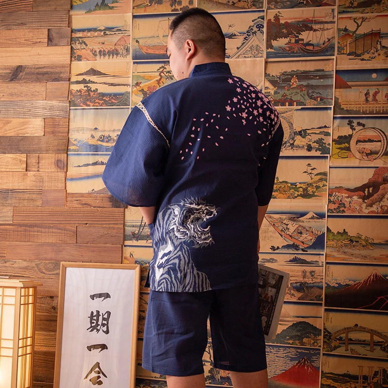 Men Traditioal Japanese Pajamas Sets Yukata Kimono Cotton Male Loose Leisure Japan Home Clothing Sleepwear Bathrobe Obi Outfits