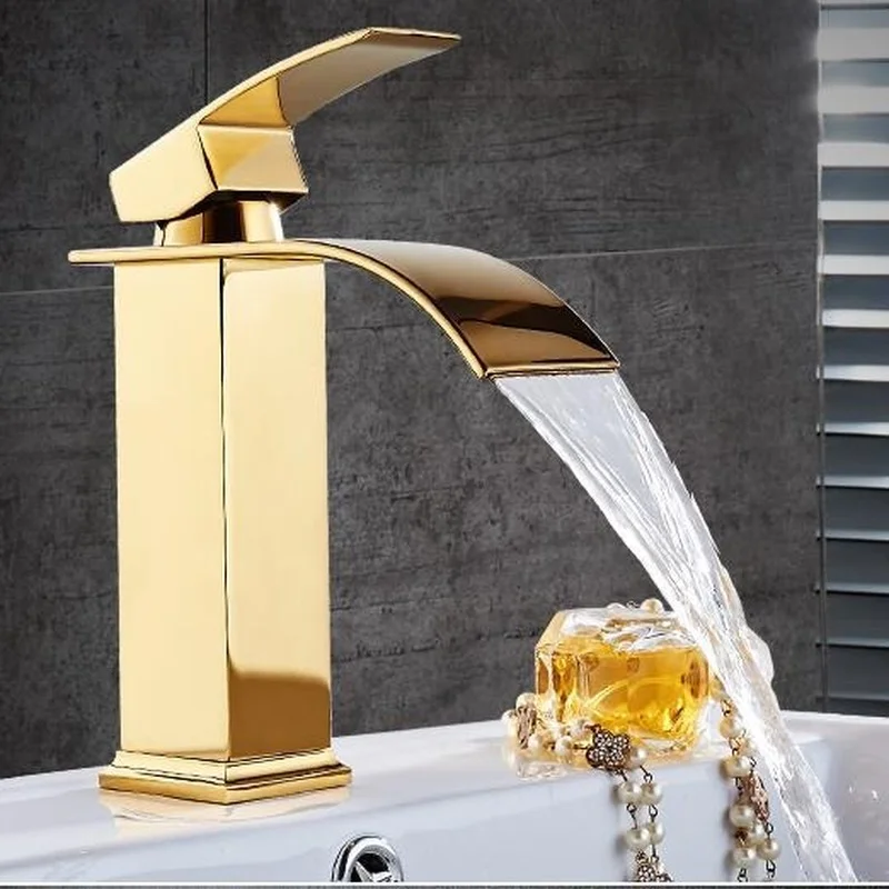 

Square Basin Faucets Waterfall Bathroom Faucet Single handle Basin Mixer Tap Bath Antique Faucet Brass Sink Water Crane Gold