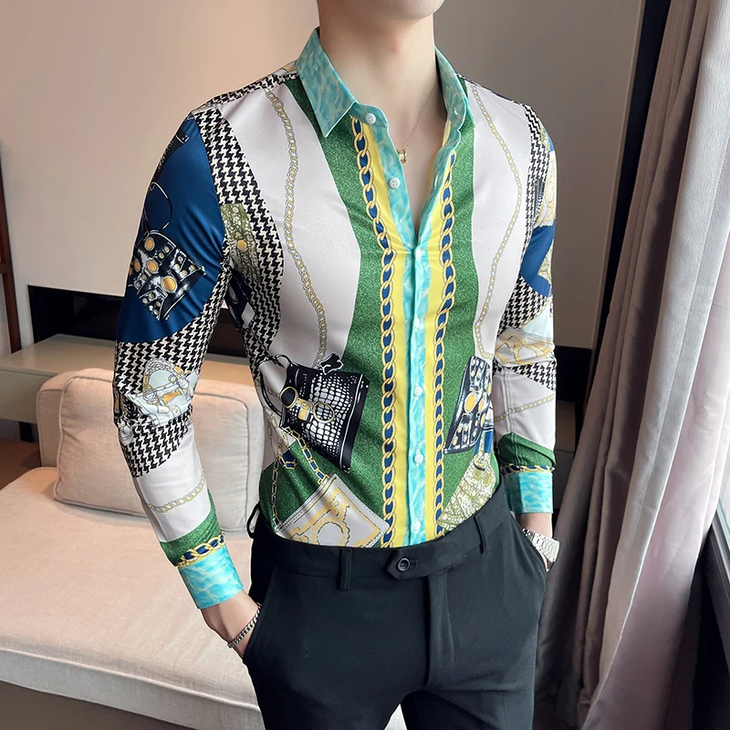 2024 Fashion Green Printed Shirt Men Long Sleeve Slim Casual Shirt Streetwear Social Party Nightclub Clothing Camisa Masculina