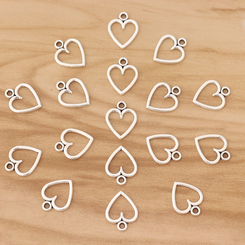 100 Pieces Tibetan Silver Hollow Open Heart Charms Pendants Beads Double Sided for Jewellery Making 14x12mm