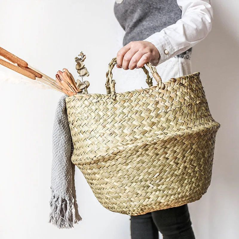 Rattan Wicker Basket Decor Floor Flower Pot Straw Laundry Basket Wicker Garden Seagrass Plant Pot Dirty Clothes Storage Basket