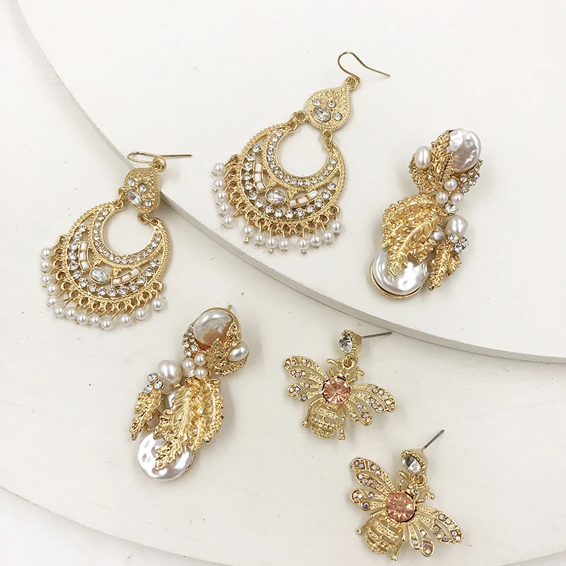 Gold Color Indian Earrings for Women Elegant Bee Earring Statement Za Pearl Earrings Wedding Jewelry 2019