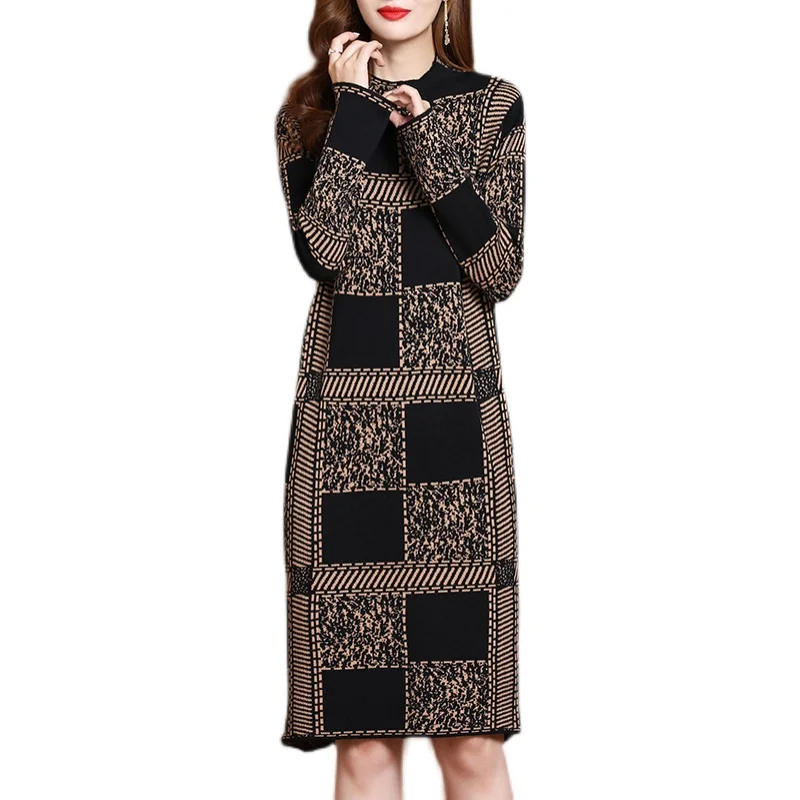 Women Knitted Cotton Thick Warm Top Sweater Autumn Winter Elegant Bodycon Midi Dress 2024 Red Plaid Korean Vintage Coat Sweater