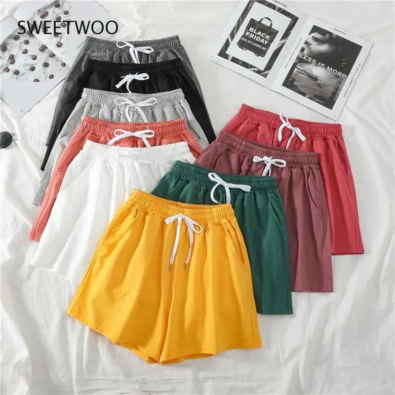 

Casual shorts drawstring shorts girls high waist loose exercise fitness shorts girls soft and cool female short M-2XL