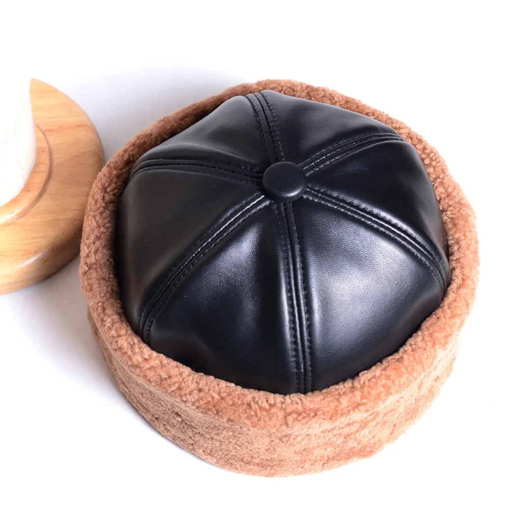Men\'s Women\'s Real Leather Real Fur Winter Warm Thick lining Skullcap Beanies Beret Round Hat Brimless Caps/Hats