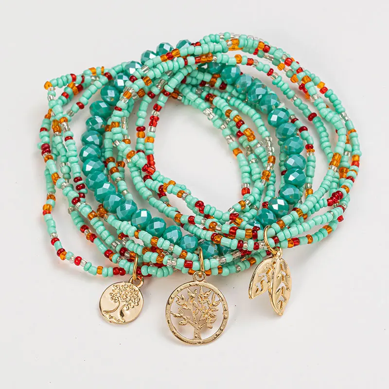 Cheap Items Layer Ethnic Handmade Multicolor Acrylic Beads Bracelets For Women Tree Pendant Charm Bracelet Set Bohemian Jewelry