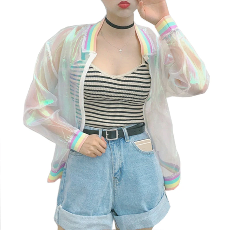 Harajuku Summer Women Jacket Laser Rainbow Symphony Hologram Women BasicCoat Clear Iridescent Transparent Bomber Jacket Sunproof