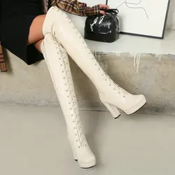 PU Leather Women Over the Knee Boots Platform Square High Heel Ladies Long Boots Fashion Cross Tied Women Winter Shoes Beige