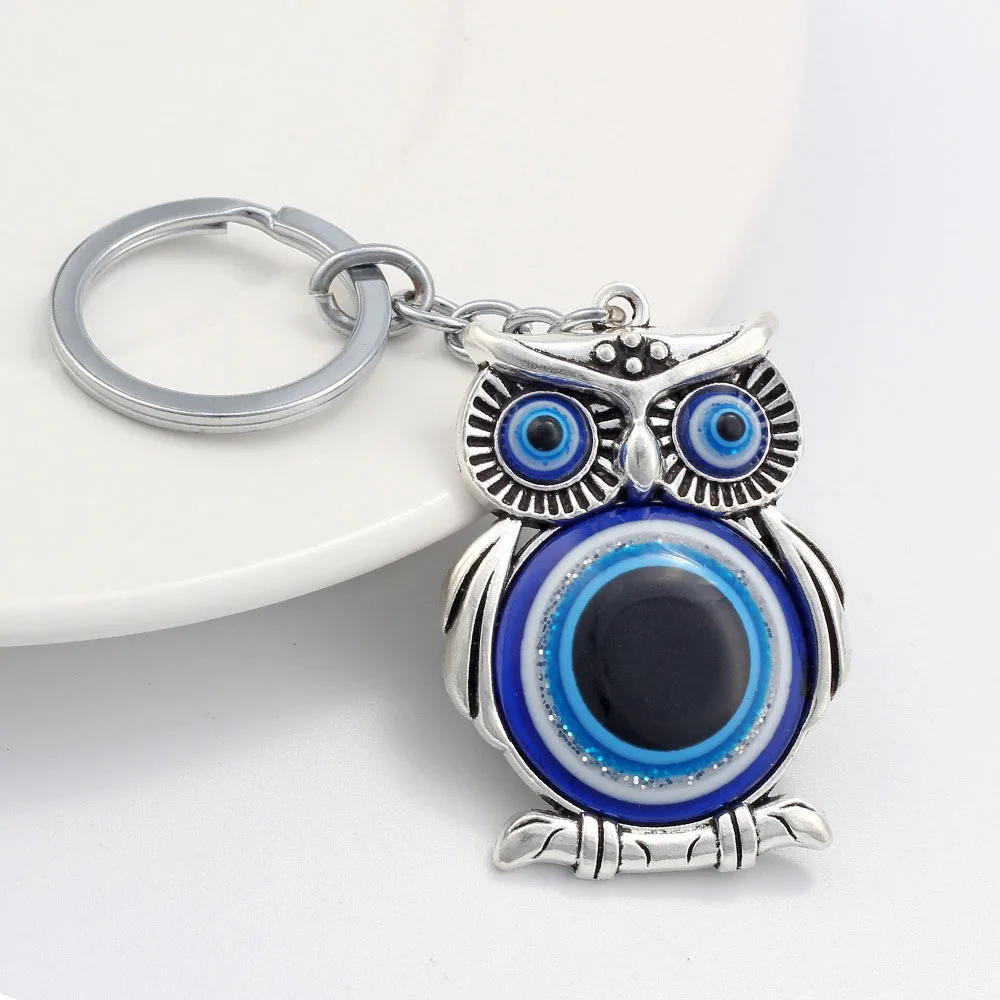 Blue Evil Eye Owl Lucky Charm Car Key Chain Protection Tassel Hanger Crystals Car Key Chain Fashion Jewelry Gift Car Accessories