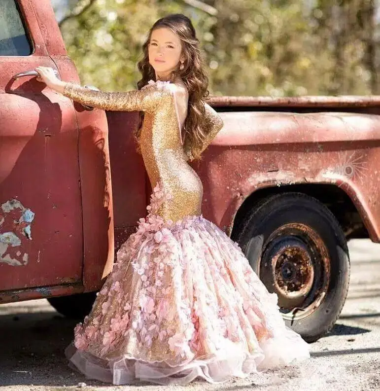Blingbling Gold Mermaid Sequined Flower Girl Dresses Long Sleeves Backless Little Kids Communion Gowns Pageant Dresses платье