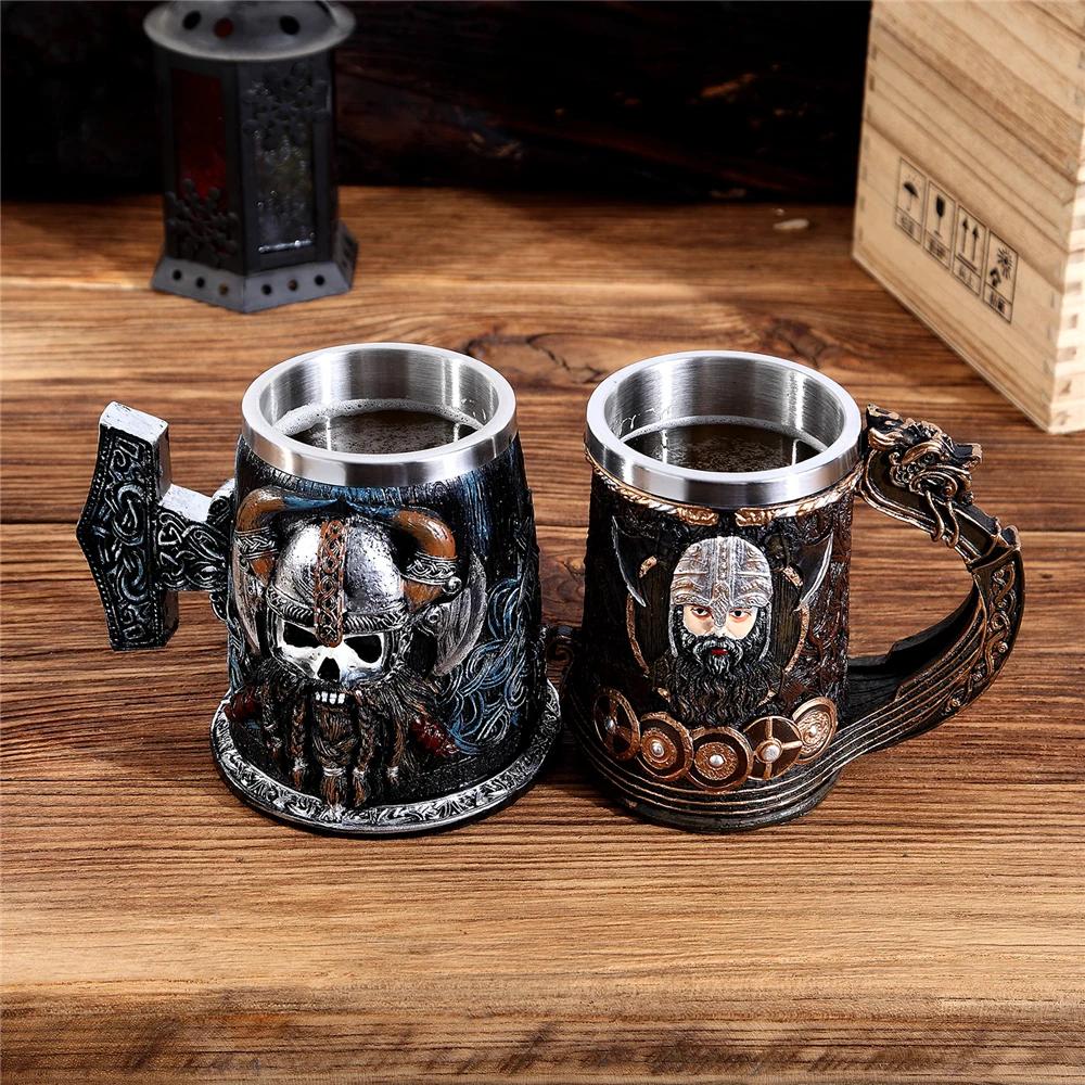 Verre à Bière Viking Tonneau Chêne – Chope Double Paroi Acier Inoxydable Style Bois Vintage, Cadeau Original Bar & Cave