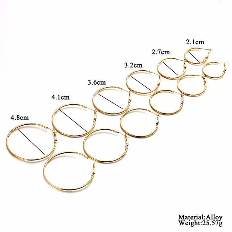 6 Pairs Big Circle Hoop Earrings Set For Women Fashion Gold Silver Color Round Earring Wedding Party Ear Jewelry Gift