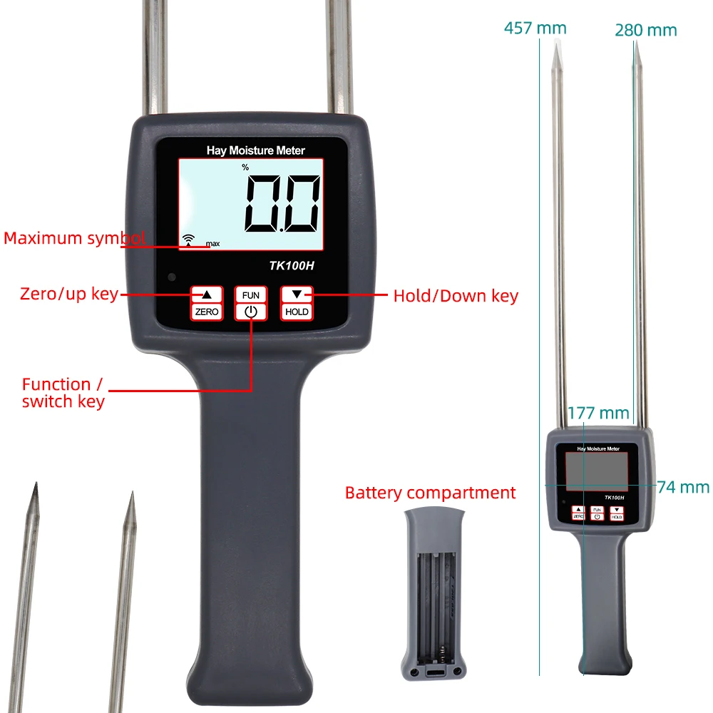 Handheld TK100H Hay Moisture Meter Digital Humidity Content Tester Grass Hygrometer for Cereal Forage Grass Leymus Bamboo